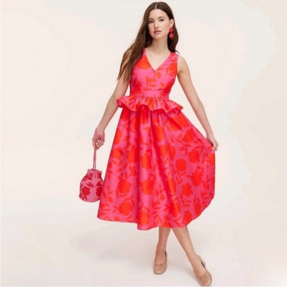 Kate Spade Women's Pink & Red Floral Peplum Ruffle Midi Dress in size 6 NWT - Picture 1 of 8